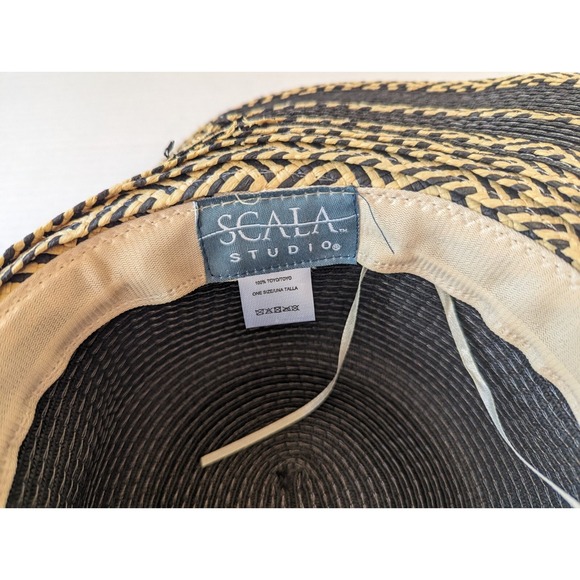 Scala Women's Beige Grey Striped One Size Foldable Floppy Wide Brim Sun Hat - Picture 2 of 6